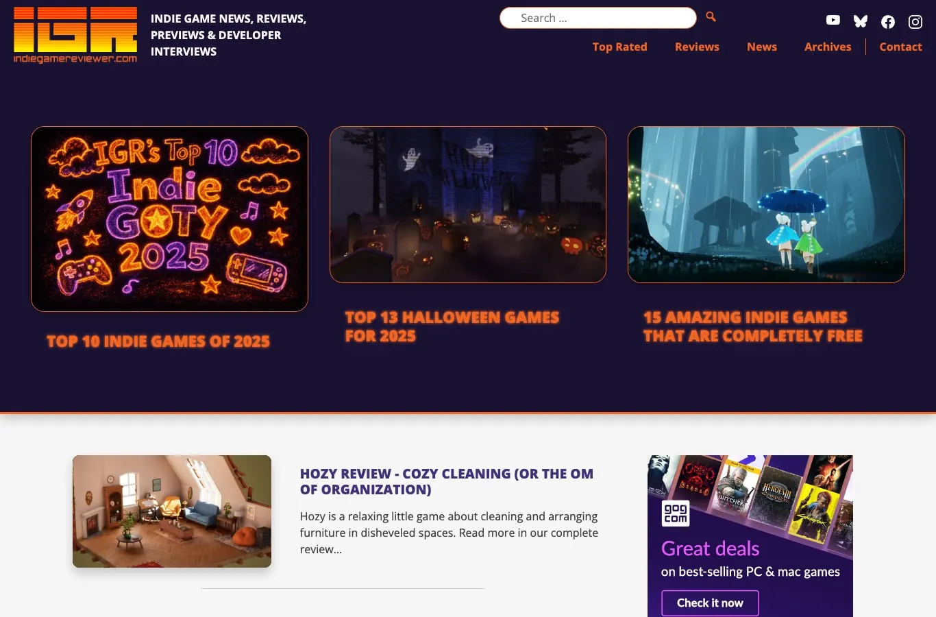 Desktop screenshot of the Indie Game Reviewer homepage