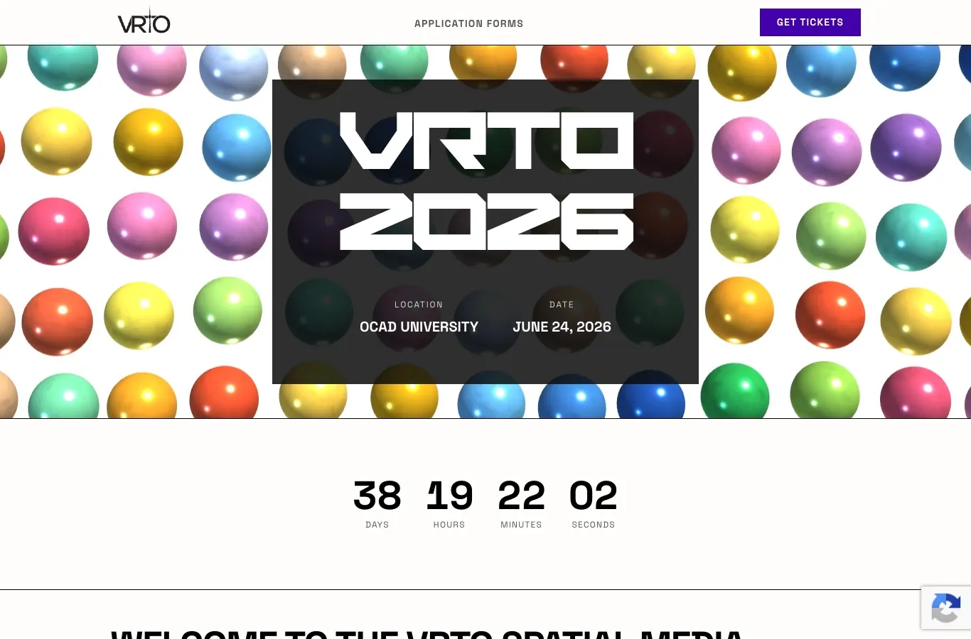 Desktop screenshot of the VRTO conference homepage